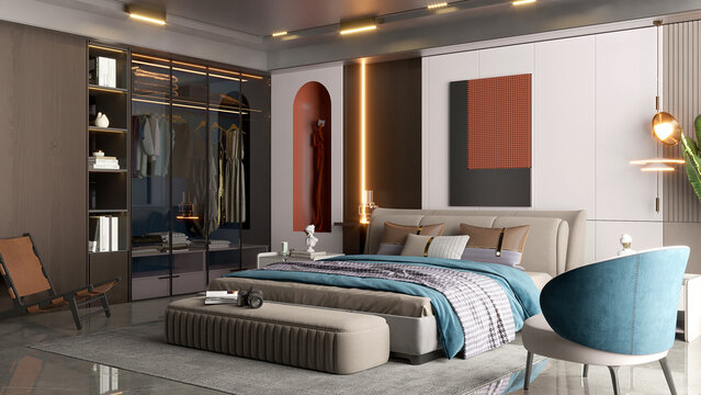 Camera da letto di design moderno, armadio con vestiti, armadio, letto, vetro, poltrona, 3d rendering