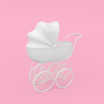 3d render illustration of beautiful baby retro stroller. Modern trendy design. White and pink colors.