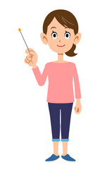 指し棒を持つエプロンをつけた女性の全身
