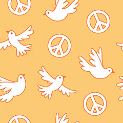 Retro seamless vector pattern with white dove and peace sign