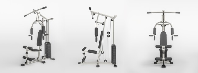 3d render illustration of 
multifunctional weight training machine. Modern trendy design. White and black colors.