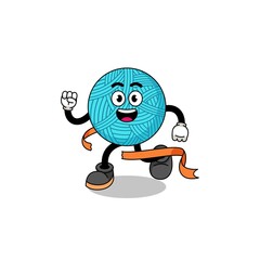 Mascot cartoon of yarn ball running on finish line