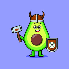 Cute cartoon character Avocado viking pirate with hat and holding hammer and shield in cute style design 