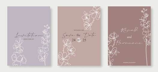 Fototapeta na wymiar Floral Cards Set for Wedding Invitation, Prints, Social Media. Luxury Floral Trendy Templates Minimalist Style. Set of Flowers Cards in Line Art Style. Hand Drawn Botanical Template Collection
