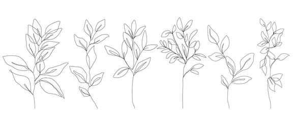 Leaves Line Art Vector Set for Prints, Social Media, Icons. Leaves Set in Trendy Minimalist Style. Abstract Botanical Hand Drawn Doodle Template Collection