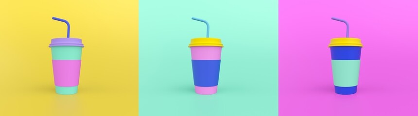 3d render illustration of colorful paper cups for cocktail . Pink and blue colors.  Modern trendy design.