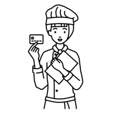 立って書類とカードを手に持つ調理師の女性