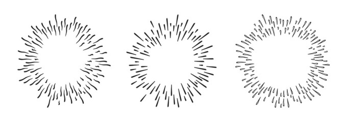3 Hand drawn starburst doodle explosion vector illustration set isolated on white background. Retro vintage design sun rays or fireworks radial elements of shine hipster arts.