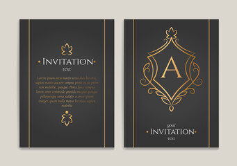 Black and gold invitation card design with vector frame pattern. Vintage ornament template. Can be used for background and wallpaper. Elegant and classic vector elements great for decoration.