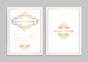 Fototapeta na wymiar White and gold invitation card design with vector frame pattern. Vintage ornament template. Can be used for background and wallpaper. Elegant and classic vector elements great for decoration.