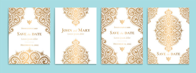 White invitation card with luxury golden pattern design on a blue background. Vintage ornament template. Can be used for flyer, wallpaper, packaging or any desired idea. Elegant vector elements.