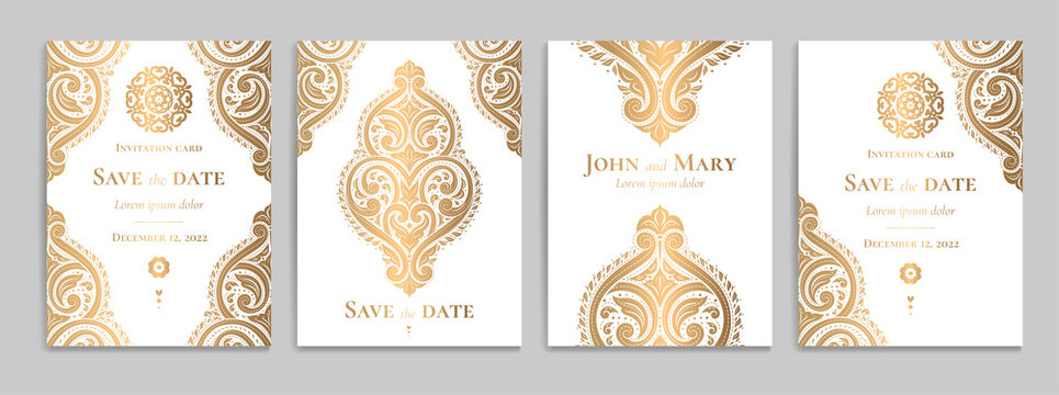 Invitation card with luxury golden pattern design on a white background. Vintage ornament template. Can be used for flyer, wallpaper, packaging or any desired idea. Elegant vector elements.