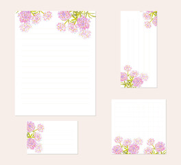 stationery set with hand painted watercolor illustration of iberis flowers, for letter, memo, card, note