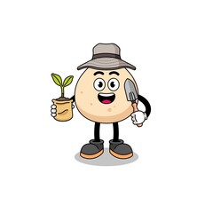 Illustration of meat bun cartoon holding a plant seed
