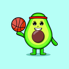 Cute cartoon avocado character playing basketball 