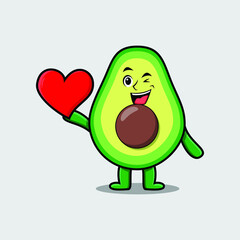 Cute cartoon avocado character holding big red heart in modern style design 