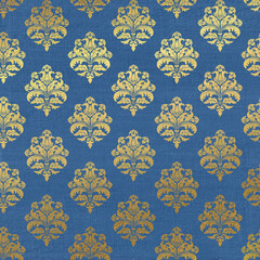 Fototapeta premium Vintage tapestry texture backdrop. Scrapbook blue paper with gold baroque elements
