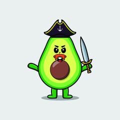 Cute cartoon mascot character avocado pirate with hat and holding sword in modern design