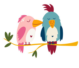 Parrots are a couple in love. Cute cartoon lovebird. Exotic birds. Great for children cards, prints and greeting card. Isolated vector clip art illustration.