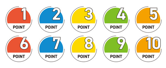 POINT　1〜10までの丸型数字アイコンセット（ビビッドカラー）