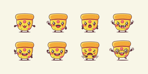 pizza slice cartoon. fast food vector illustration. with different faces and expressions