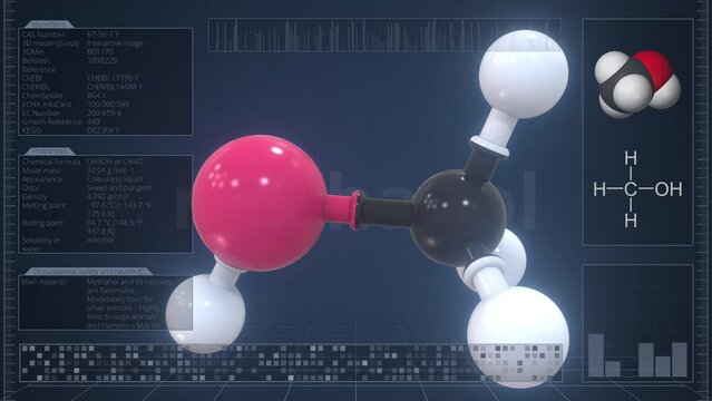 Molecule of methanol with infographics on the computer monitor, loopable 3d animation