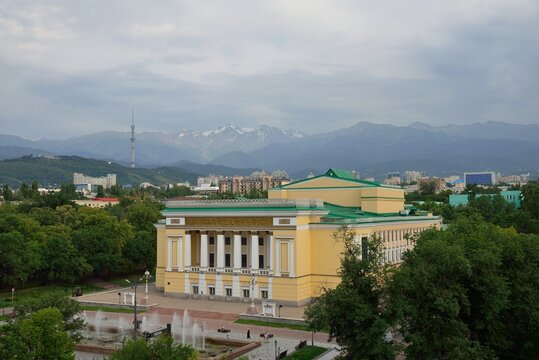 Almaty aerial cityscape with mountain background