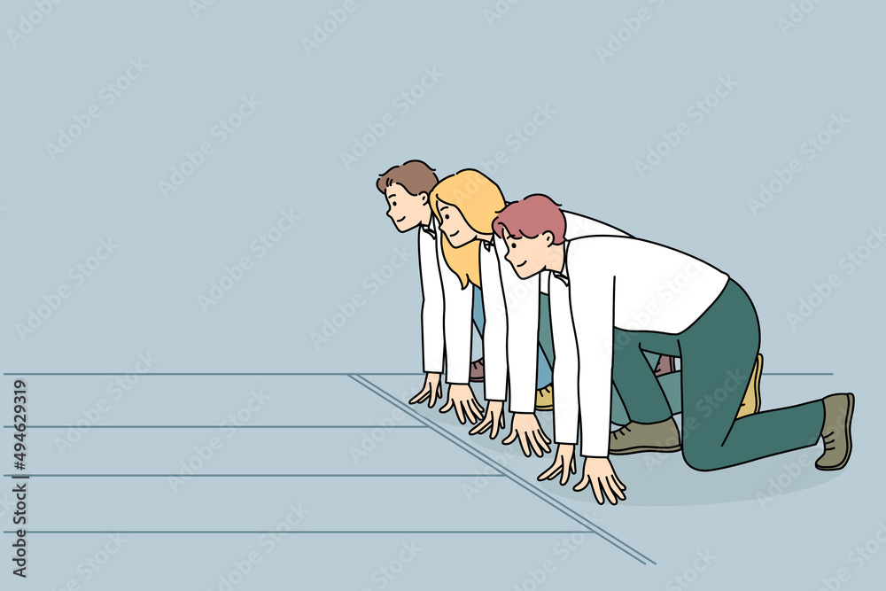 Wall mural Motivated businesspeople stand at starting position ready for sprint run. Confident diverse employees or clerks compete for better position. Work rivalry or competition. Flat vector illustration. 