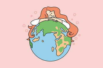 Smiling young woman hug planet Earth show love and care to nature. Happy girl embrace globe demonstrate environment protection and safety. Ecology awareness. Flat vector illustration. 