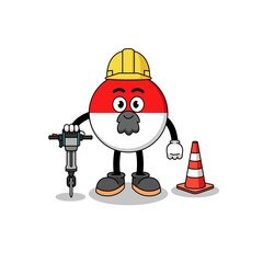 Character cartoon of indonesia flag working on road construction
