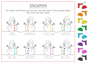 Children Learning Printable - Match, Cut, and Paste Snowmen Hats and Scarves