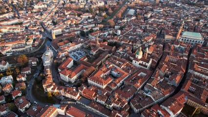 Aerial forward view of city of Vicenza. Veneto region, Italy. Real time