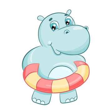 Hand drawn cute hippo with swimming circle vector illustration. Cartoon hippopotamus isolated on white background. Cute baby character for printing, postcards and invitations