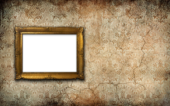 Golden vintage picture frame with blank space on an old wall