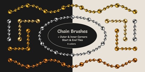 Ball chain pattern brushes with corners, end and start tiles in vintage style. Gold, silver, bronze, brass and black options. Isolated on white and black background.