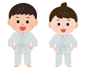 柔道の道着を着る男の子と女の子 イラスト