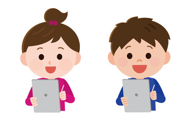 エドテック　タブレット端末を使う男の子と女の子イラスト