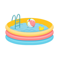 Vector illustration of swimming pool isolated on white background. Cartoon rubber pool full water with inflatable ball and duck toy.