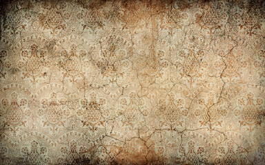 Worn wallpaper with floral patterns on dirty, cracked wall. Backgrouds and textures. Copy space, add text illustration