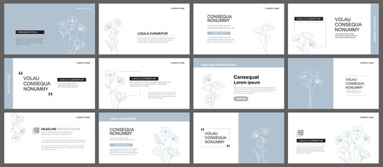 Presentation and slide layout background. Design blue pastel leaves and flower template. Use for keynote, presentation, slide, leaflet, advertising, template.