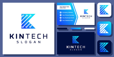 Initial Letter K Technology Digital Circuit Board Connection Vector Logo Design with Business Card