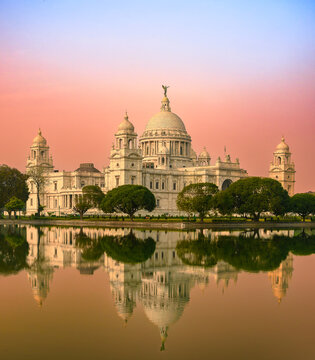 View of a large marble building in Central Kolkata, Named as The Victoria Memorial ,a which was built between 1906 and 1921. Foreground is Blurred and Selective Focus is used.