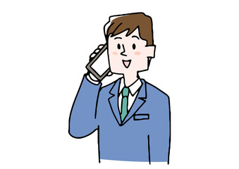 スマートフォンで電話をかけているビジネスマン　コミカルな手書きの人物　ベクター、線画にシンプルな色