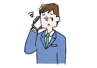スマートフォンで電話をするビジネスマン（悲しみ）　コミカルな手書きの人物　ベクター、線画にカラー