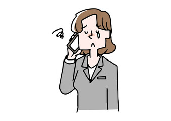 スマートフォンで電話をするビジネスウーマン（悲しみ）　コミカルな手書きの人物　ベクター、線画にカラー