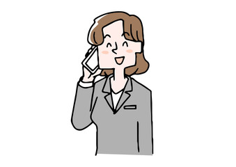 スマートフォンで電話をするビジネスウーマン（笑顔）　コミカルな手書きの人物　ベクター、線画にカラー