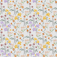 Fototapeta na wymiar Blooming meadow seamless pattern. Spring summer collection. Trendy color for fashion. wallpapers, and print. A lot of flowers. Ditsy style. 