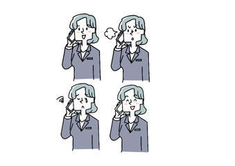 スマートフォンで電話をするビジネスウーマン（セット）　コミカルな手書きの人物　ベクター、線画にカラー