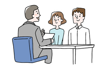 若い夫婦に説明するビジネスマン　コミカルな手書きの人物　ベクター、線画にカラー