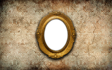 Golden vintage picture frame with blank space on an old wall